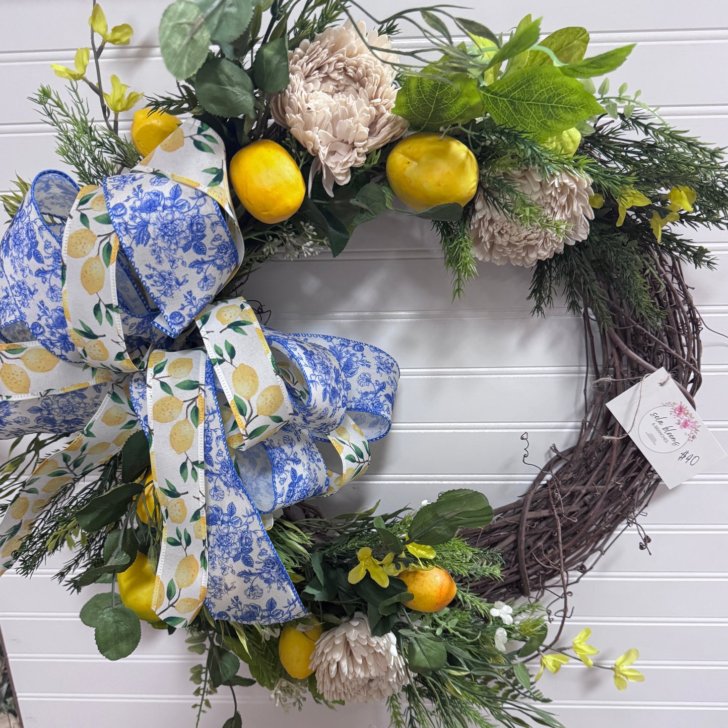 Lemon Blue Pattern Spring Grapevine Wreath