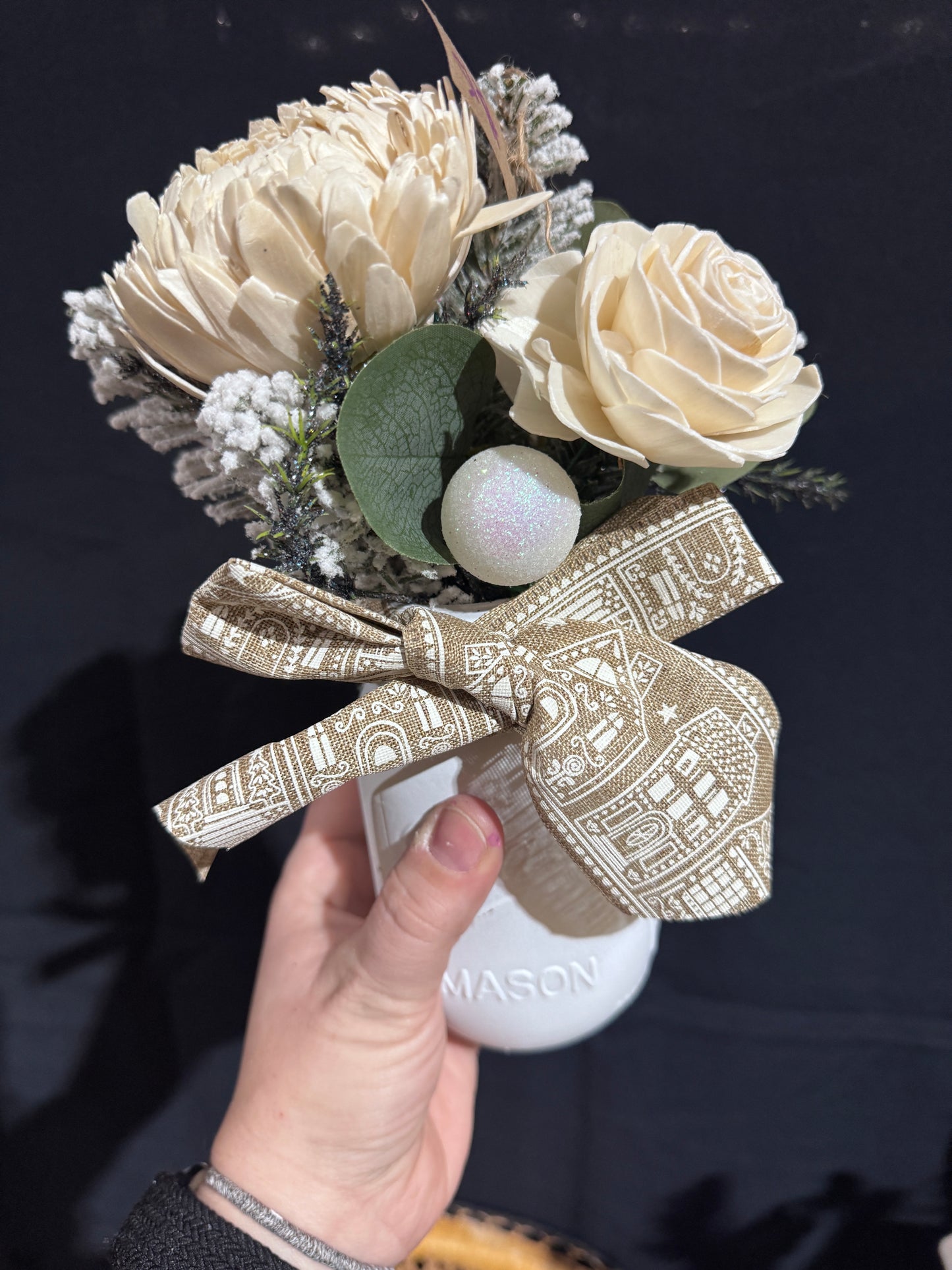 Christmas Mason Jar- Houses Ribbon