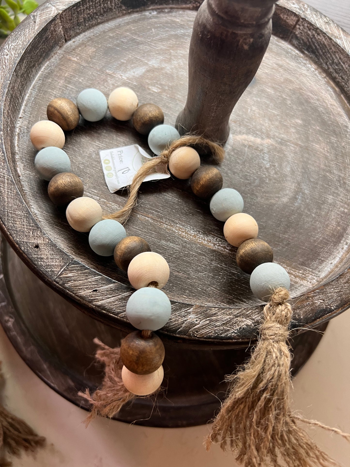 Bead Garland- stain, natural & dusty blue