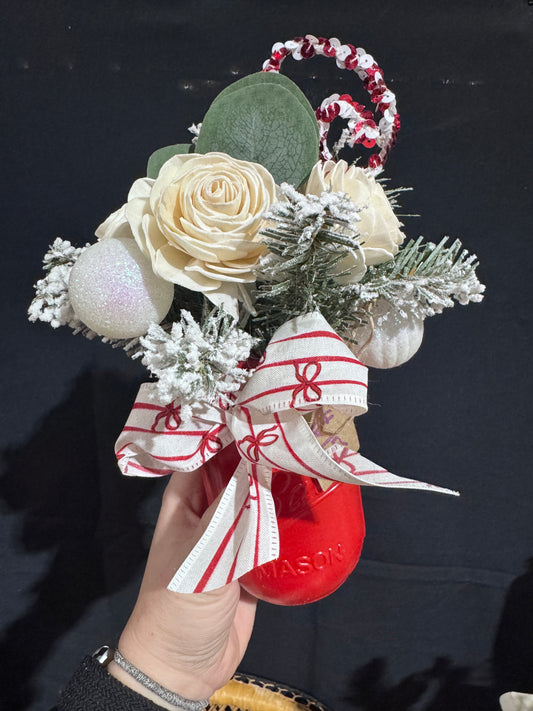 Christmas Mason Jar- White and Red Bows Ribbon