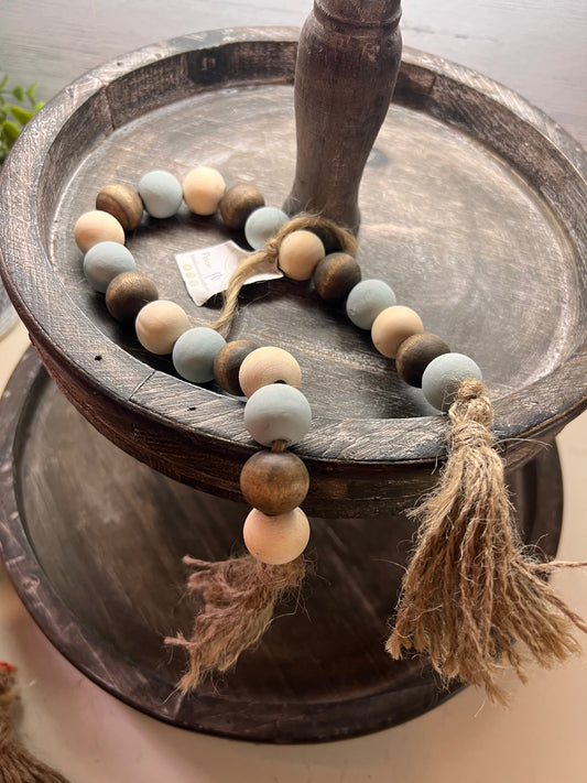 Bead Garland- stain, natural & dusty blue
